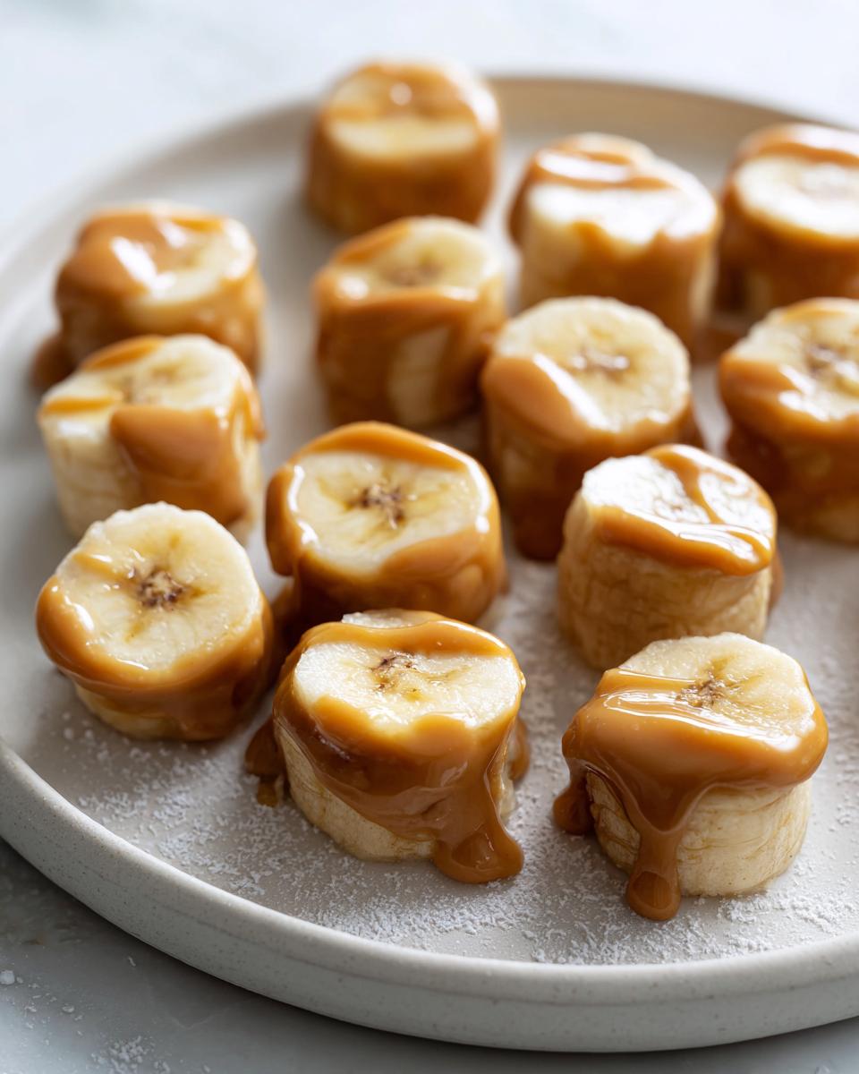 Close-up of Easy 2-Ingredient Frozen Banana PB Bites for Dogs, showing banana slices drizzled with peanut butter.