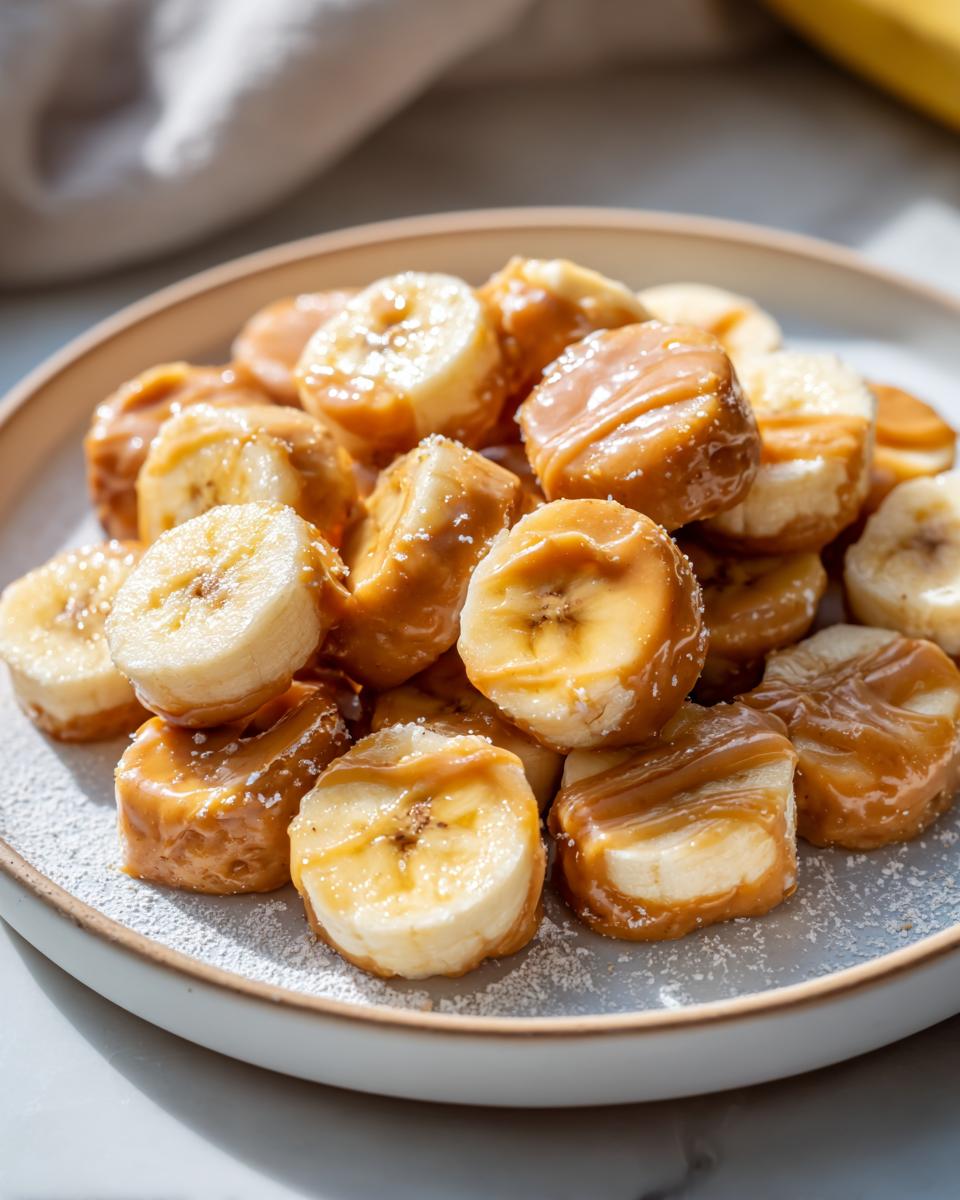 A pile of Easy 2-Ingredient Frozen Banana PB Bites for Dogs on a plate, drizzled with peanut butter.