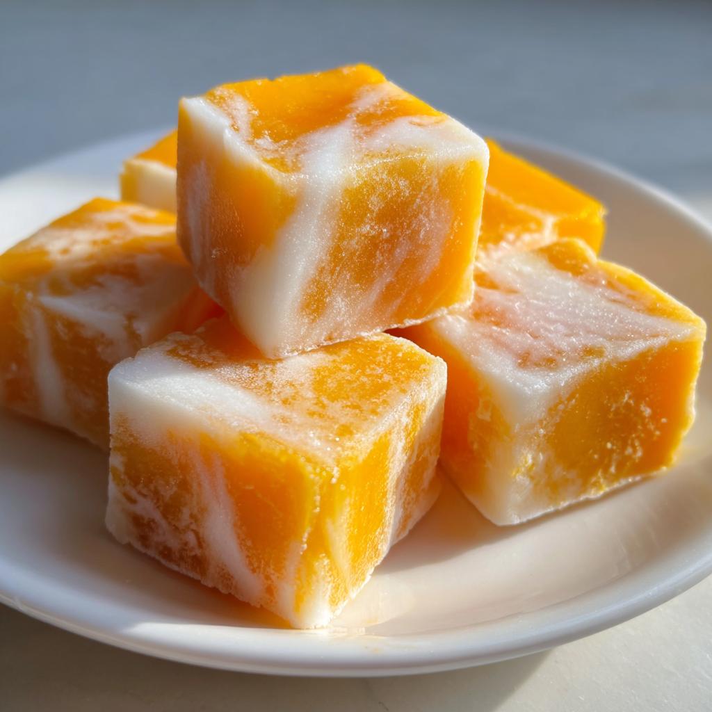 A close-up of a pile of frozen coconut mango cubes on a white plate, showcasing their vibrant orange and white marbled appearance.