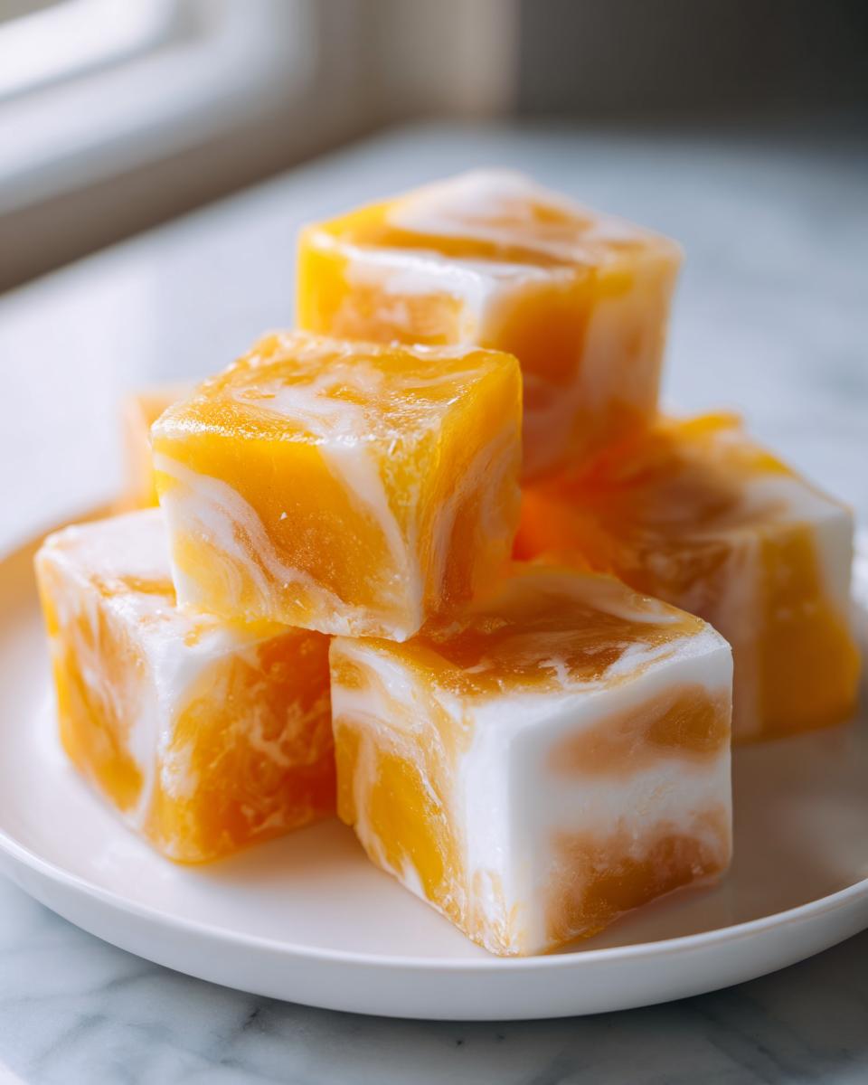 A stack of vibrant orange and white swirled Frozen Coconut Mango Cubes on a white plate.