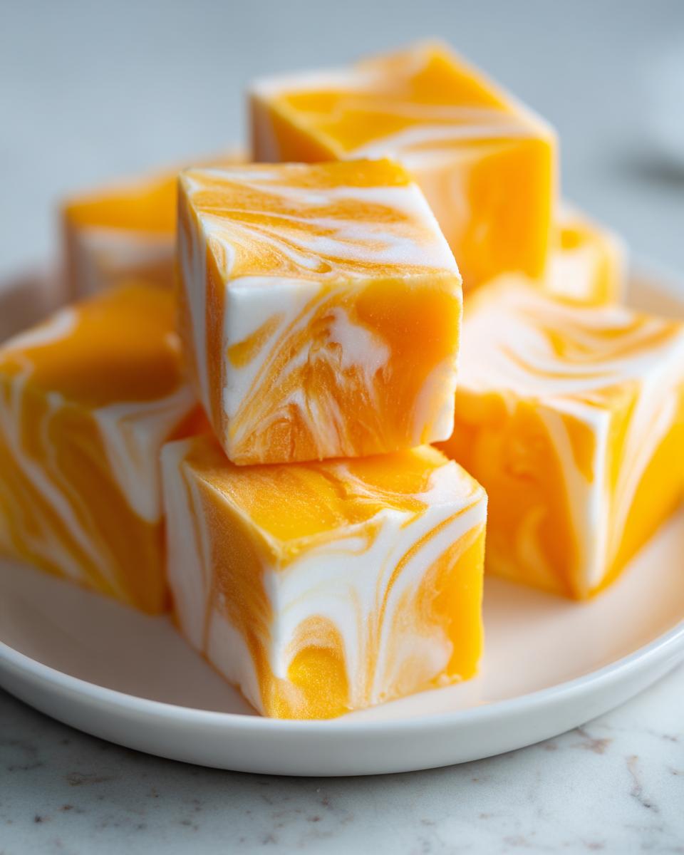 Close-up of swirled Frozen Coconut Mango Cubes on a white plate, showcasing vibrant orange and white patterns.
