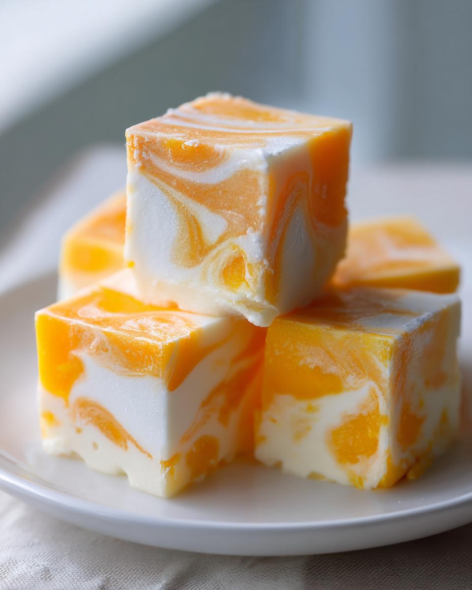 Close-up of stacked Frozen Coconut Mango Cubes, showcasing the marbled orange mango and white coconut swirl.