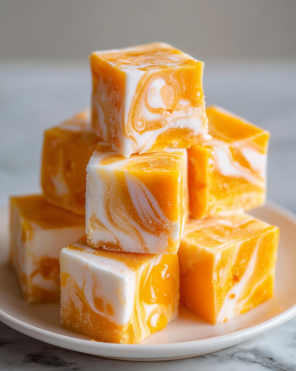 A stack of frozen coconut mango cubes with beautiful orange and white swirls, a 2-ingredient delight.