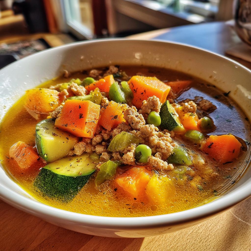 A close-up of a bowl filled with Hearty Turkey & Veggie Soup for Dogs, featuring chunks of turkey, carrots, zucchini, and peas in a savory broth.