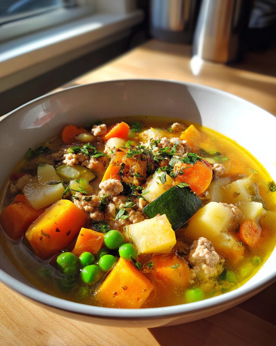 A close-up of a bowl filled with Hearty Turkey & Veggie Soup for Dogs, featuring chunks of turkey, carrots, potatoes, peas, and zucchini.