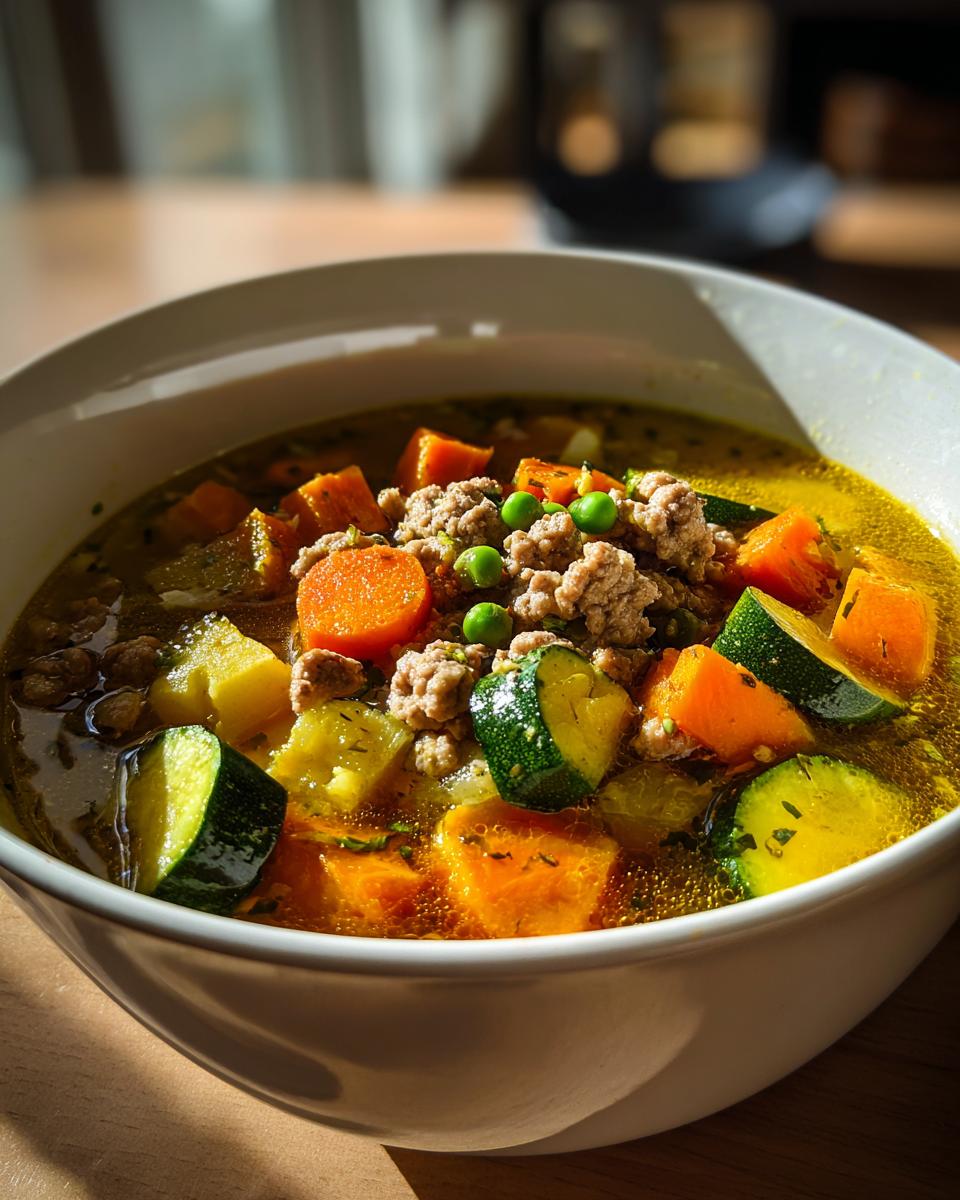 A close-up of a bowl of Hearty Turkey & Veggie Soup for Dogs, filled with ground turkey, carrots, zucchini, sweet potatoes, and peas.