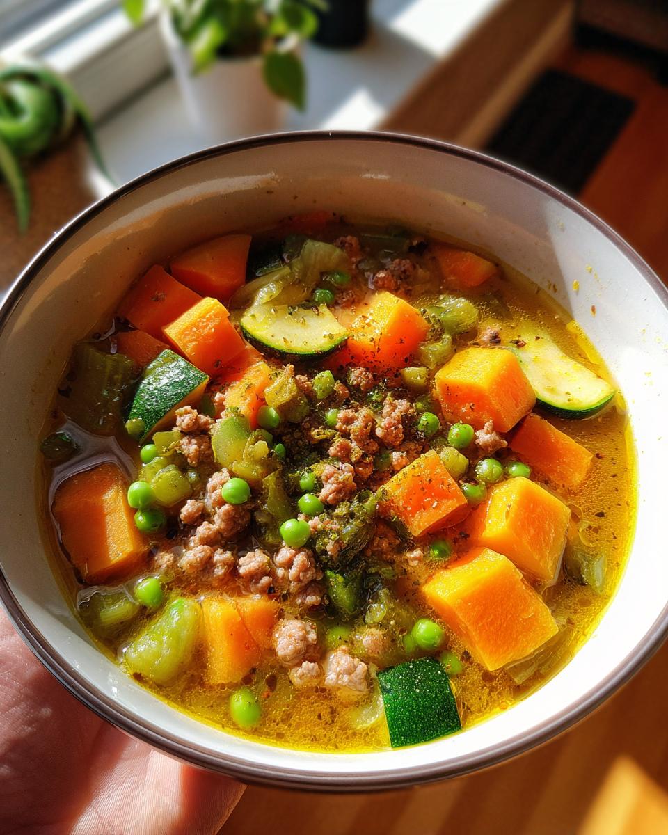A bowl of hearty turkey and veggie soup for dogs, filled with chunks of turkey, sweet potato, zucchini, and peas.
