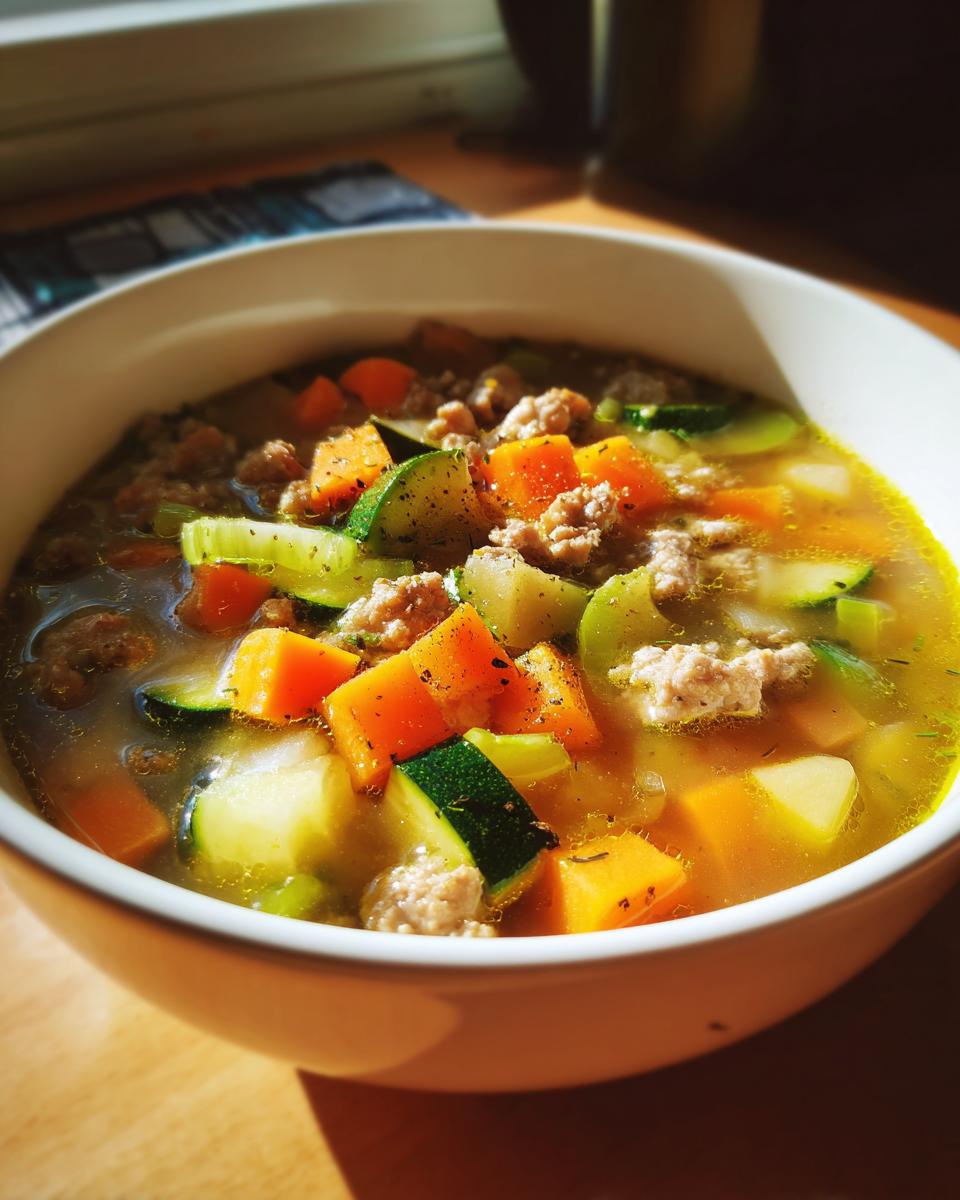 A close-up of a bowl of Hearty Turkey & Veggie Soup for Dogs, filled with turkey, carrots, zucchini, and potatoes.