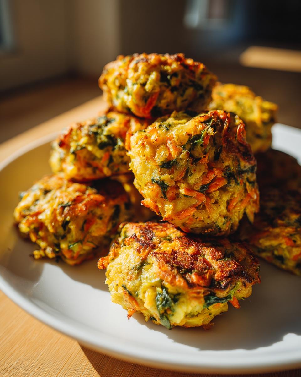 A pile of golden-brown Spinach Carrot Nuggets on a white plate, perfect for a quick dog treat.