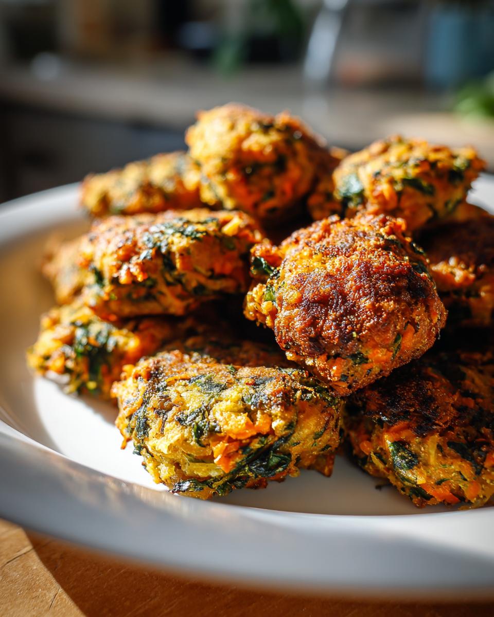 A pile of golden-brown Spinach Carrot Nuggets on a white plate, showing visible pieces of spinach and carrot.