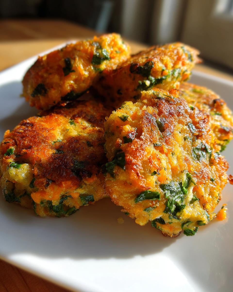 Close-up of golden-brown Spinach Carrot Nuggets on a white plate, showcasing visible pieces of carrot and spinach.