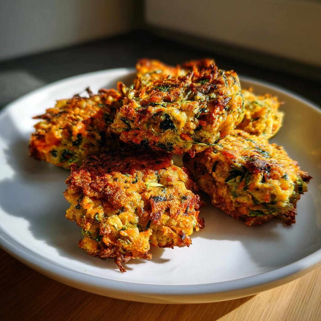 A pile of golden-brown Spinach Carrot Nuggets on a white plate, ready to be devoured by a pup.