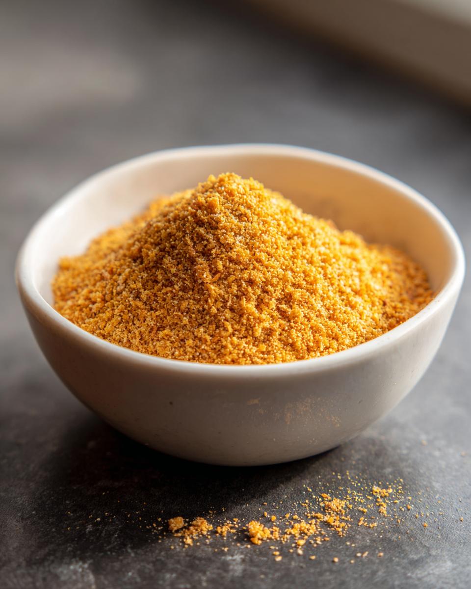 Close-up of a small white bowl filled with golden-brown Chicken-Flavored Dog Food Seasoning powder.