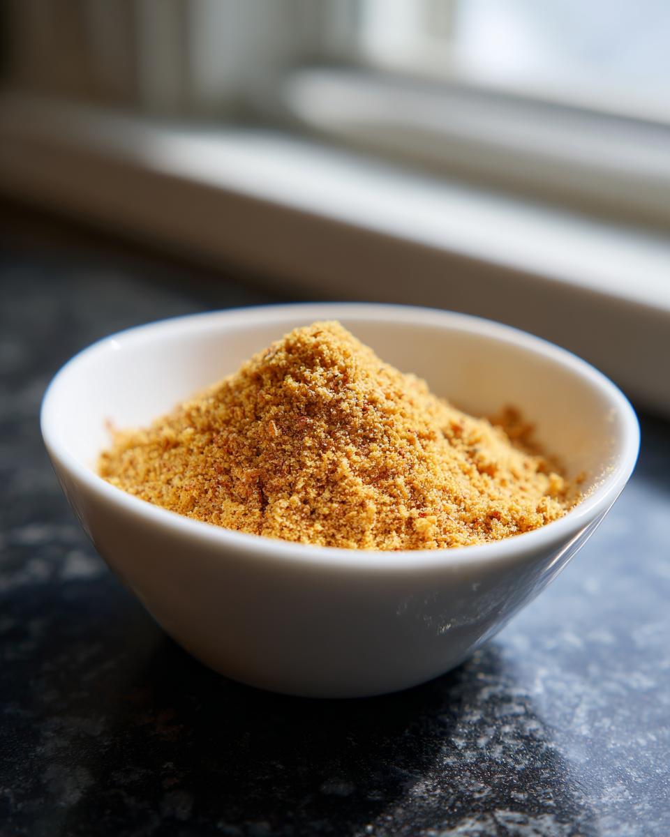 A small white bowl filled with golden brown Chicken-Flavored Dog Food Seasoning powder.