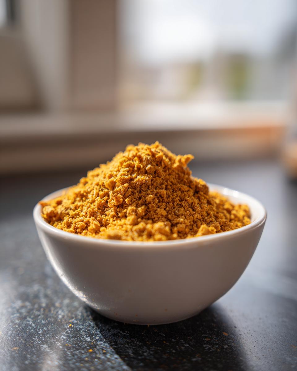 Close-up of a small white bowl filled with yellow-orange powdered Chicken-Flavored Dog Food Seasoning.