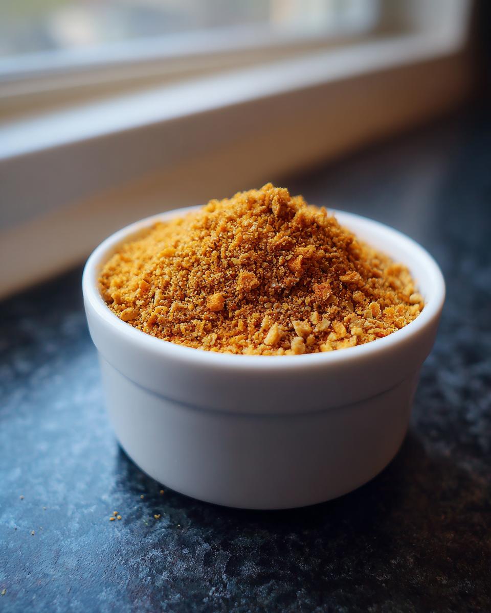 A small white bowl filled with coarse, golden Chicken-Flavored Dog Food Seasoning Powder.
