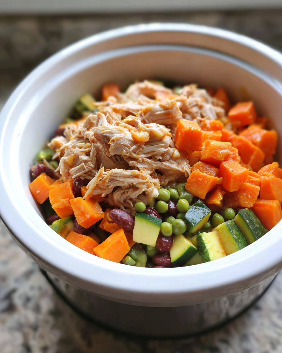 Uncooked ingredients including shredded chicken, diced sweet potato, zucchini, peas, and beans in a crockpot for Crockpot Chicken & Veggie Stew for Small Dogs.