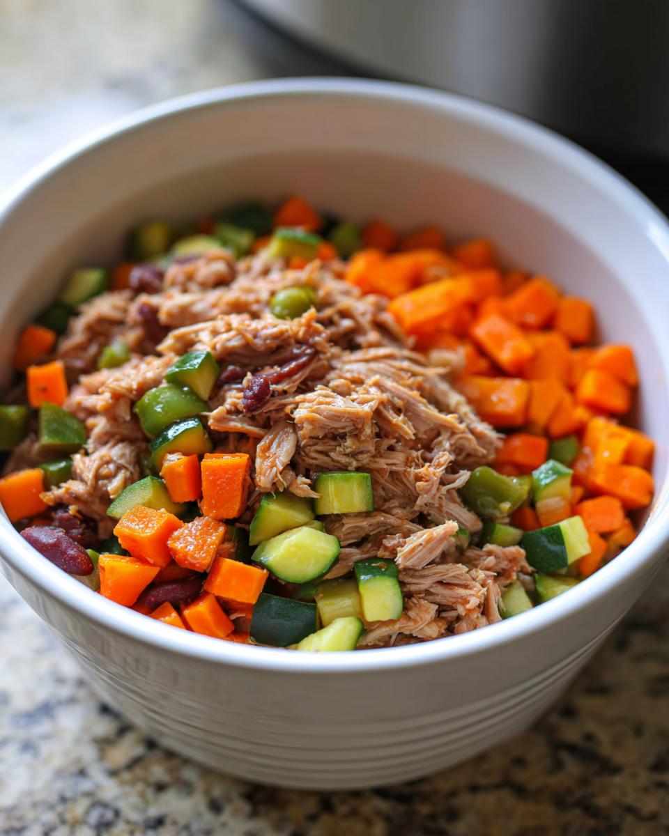 Close-up of shredded chicken mixed with diced carrots, zucchini, and kidney beans in a white bowl for Crockpot Chicken & Veggie Stew.