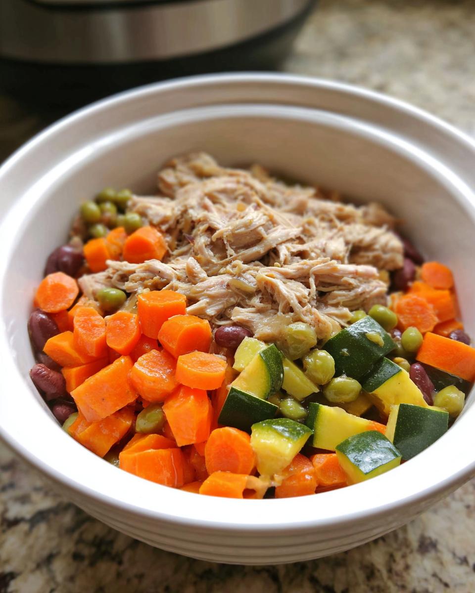 A white bowl filled with shredded chicken, diced carrots, zucchini, peas, and beans for Crockpot Chicken & Veggie Stew for Small Dogs.