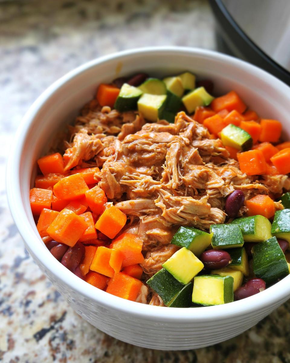 A white bowl filled with shredded chicken, diced carrots, zucchini, and kidney beans for Crockpot Chicken & Veggie Stew for Small Dogs.