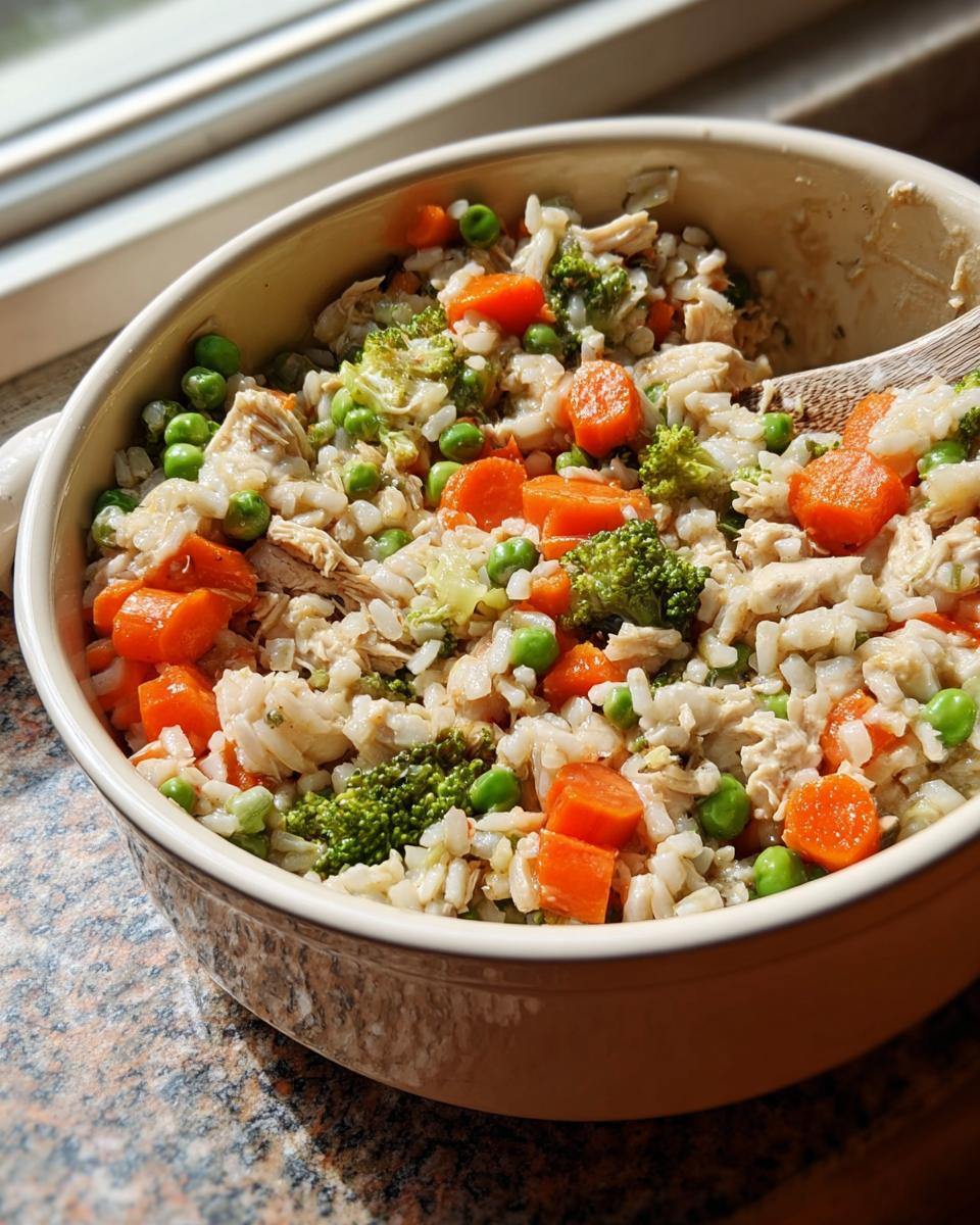 A bowl of homemade DIY Dog Food Using Frozen Veggies, featuring rice, shredded chicken, carrots, peas, and broccoli.