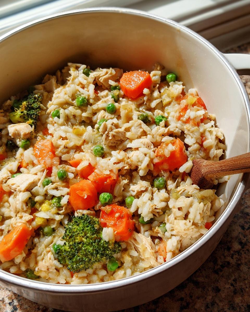 Close-up of homemade DIY Dog Food Using Frozen Veggies (Budget-Friendly) mixture of rice, chicken, carrots, peas, and broccoli in a pot.