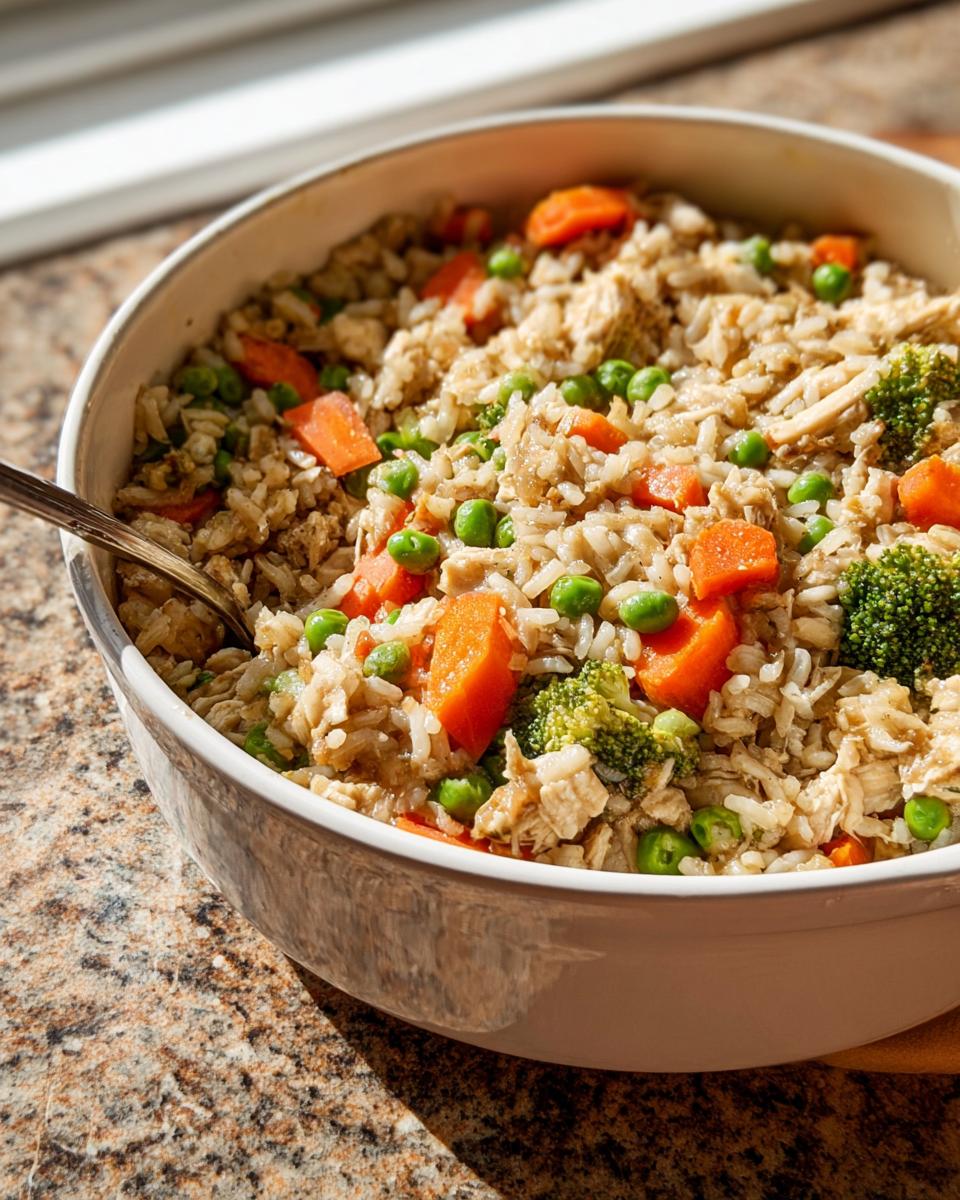 A white bowl filled with DIY Dog Food Using Frozen Veggies, featuring rice, carrots, peas, and broccoli.