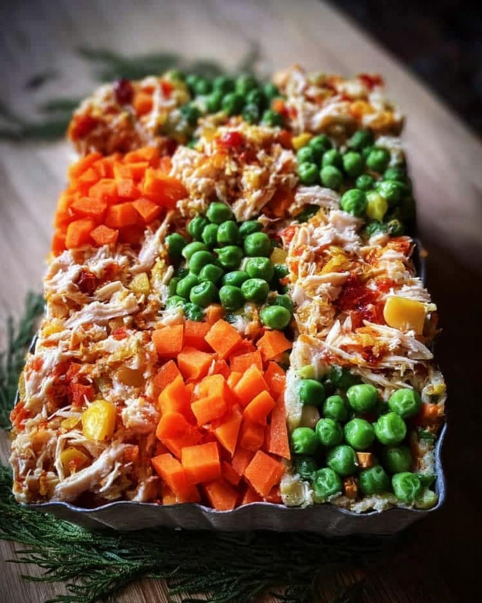 Overhead view of assembled Frozen Veggie Dog Meal Prep portions showing shredded chicken, diced carrots, and green peas.