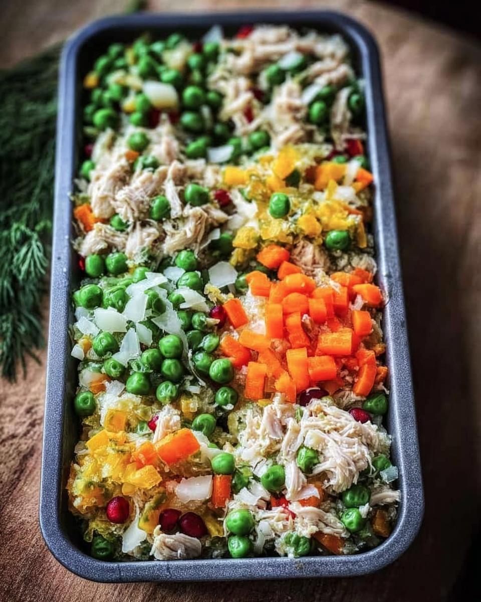 A metal tray filled with ingredients for Frozen Veggie Dog Meal Prep, showing shredded chicken, peas, carrots, and other chopped vegetables.