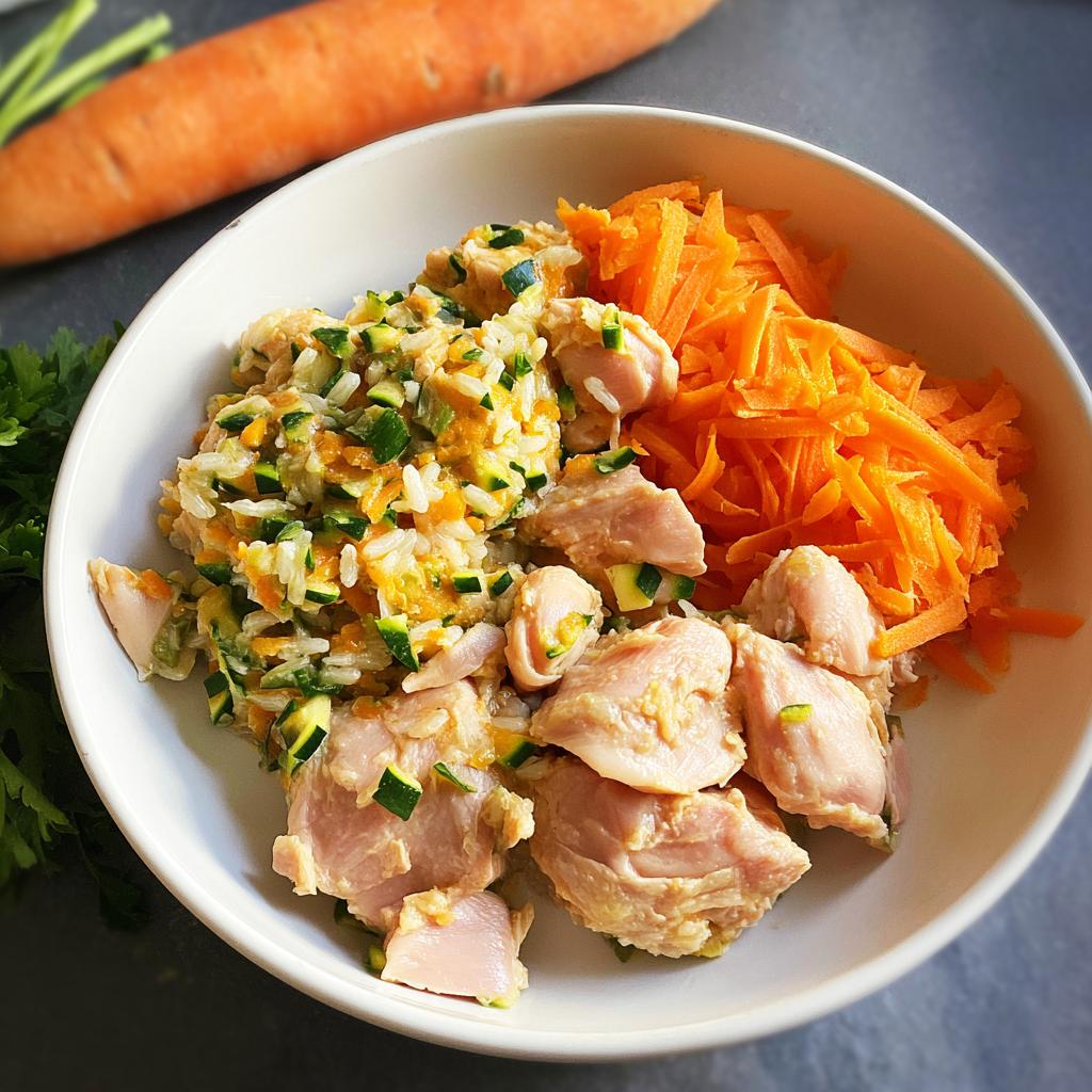 A white bowl containing Quick Veggie & Chicken Homemade Dog Food: chunks of chicken, rice mixed with zucchini, and shredded carrots.