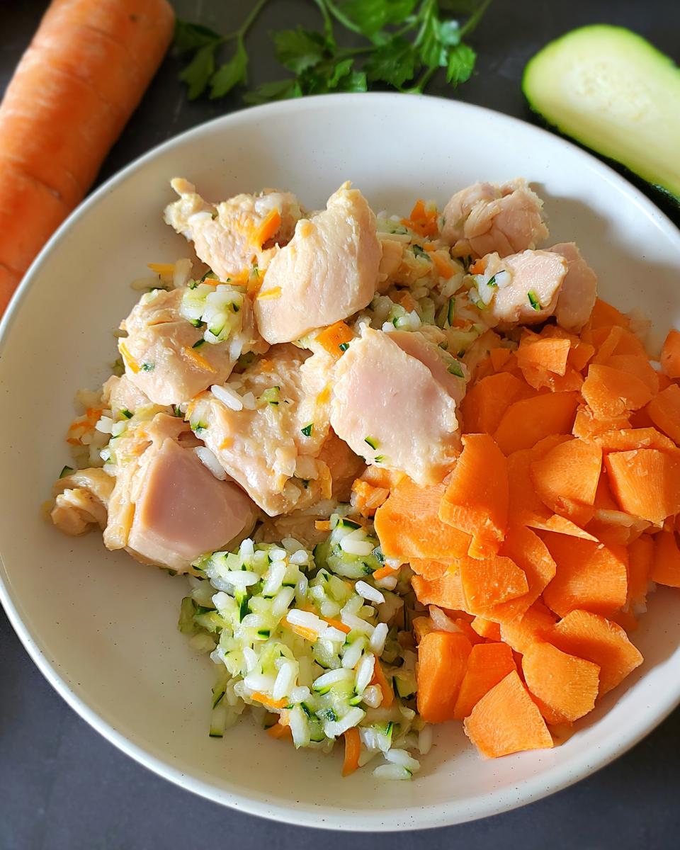 A bowl containing cooked chicken pieces, rice mixed with shredded zucchini and carrots, and chopped carrots for Quick Veggie & Chicken Homemade Dog Food.