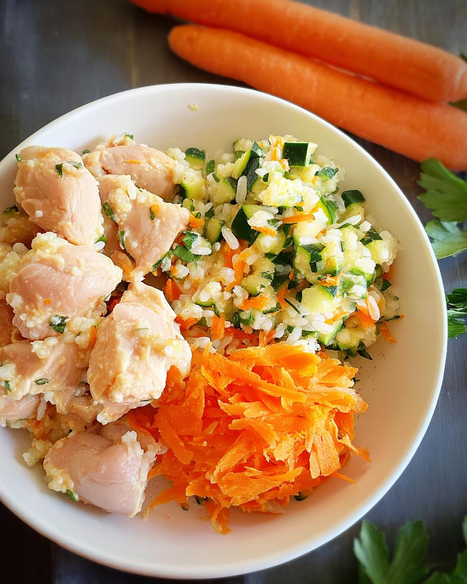 A white bowl filled with Quick Veggie & Chicken Homemade Dog Food, showing chunks of chicken, rice, zucchini, and shredded carrots.