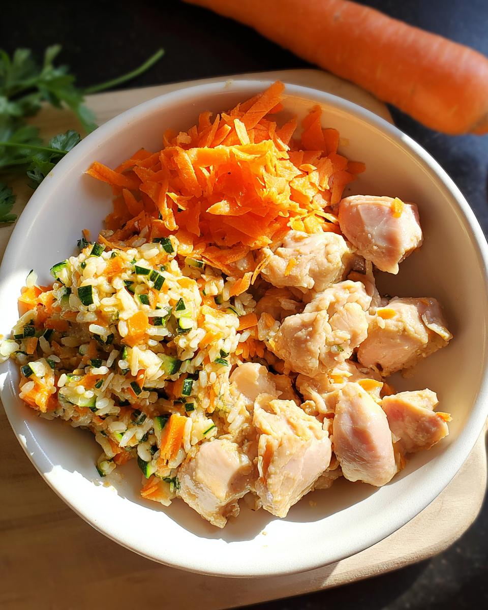 A white bowl containing cooked chicken chunks, rice mixed with diced zucchini and carrots, and shredded carrots, for Quick Veggie & Chicken Homemade Dog Food.