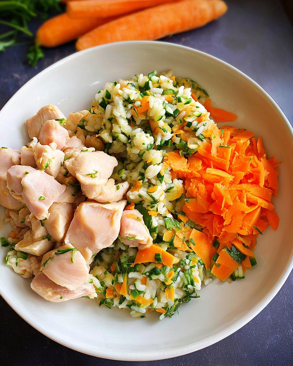 Bowl containing cooked chicken chunks, rice mixed with zucchini and carrots, and shredded carrots for Quick Veggie & Chicken Homemade Dog Food.