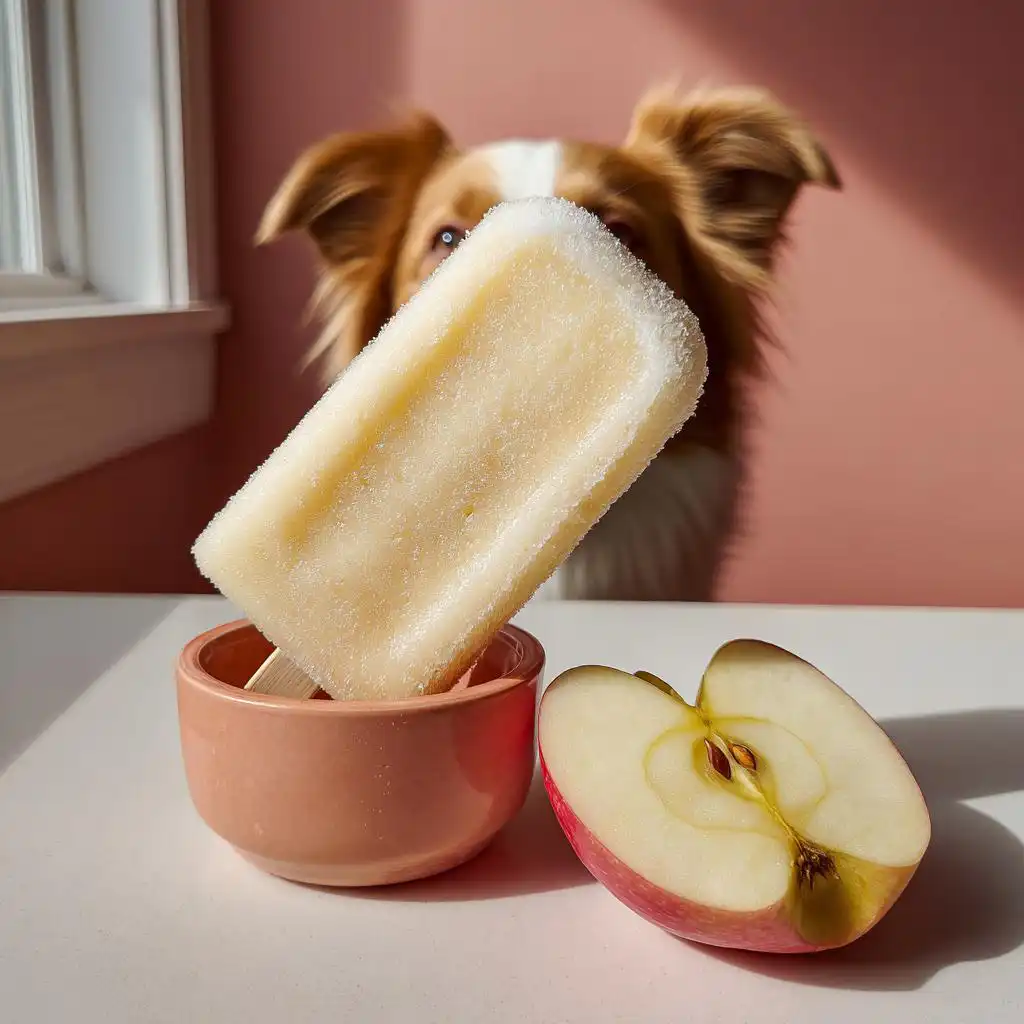 A frosty apple-based frozen dog dessert popsicle next to a sliced apple, with a dog looking on.