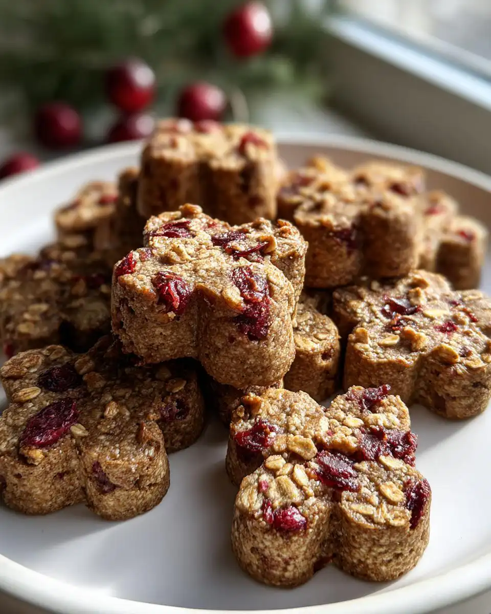 A pile of homemade, clover-shaped Apple Cranberry Dog Treats for Oral Health on a white plate.