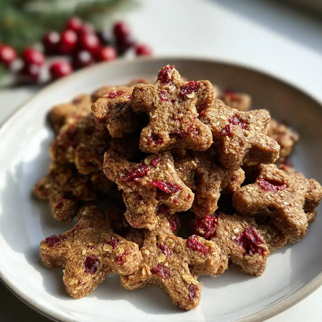 A pile of star-shaped Apple Cranberry Dog Treats for Oral Health on a light gray plate.