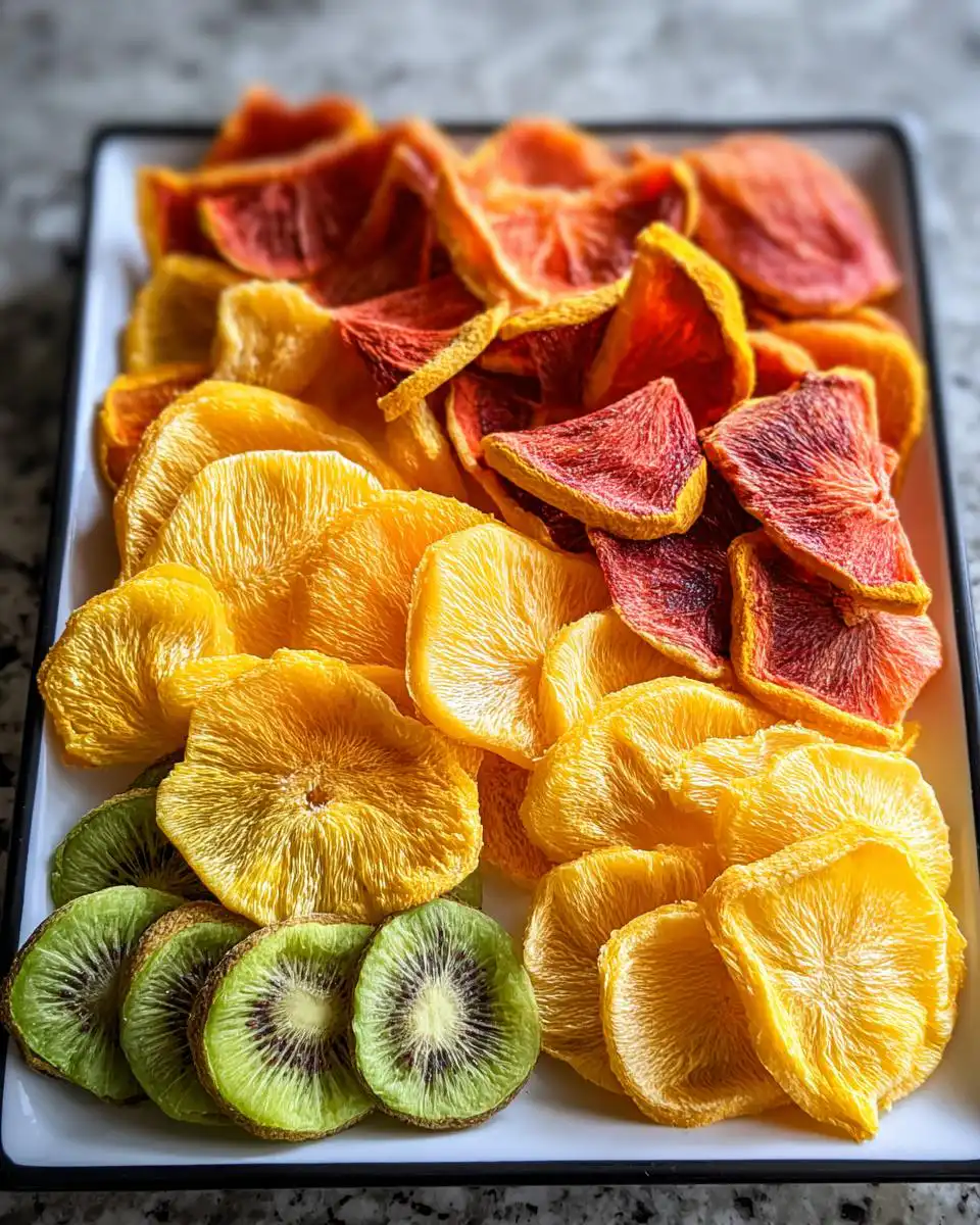 A platter of colorful, dehydrated Fruit Dental Chews for Dogs, including yellow, red, and green kiwi slices.