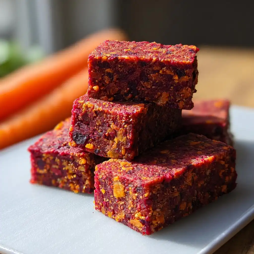A stack of vibrant, dark red Beetroot Carrot Veggie Dog Snack Bars with visible orange carrot pieces, set against a blurred background featuring whole carrots.