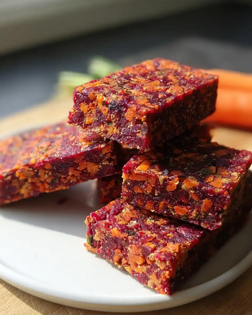 A stack of four dense, richly colored Beetroot Carrot Veggie Dog Snack Bars on a white plate.