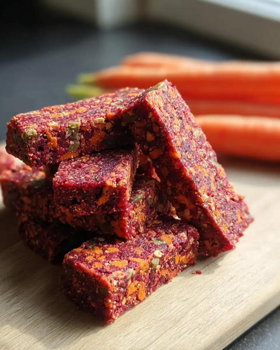 A stack of rich, dark red Beetroot Carrot Veggie Dog Snack Bars showing visible pieces of carrot and seeds.