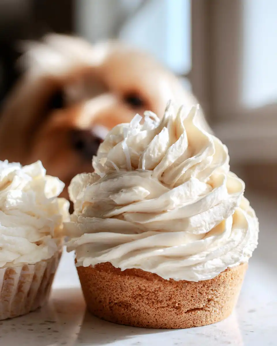 Close-up of a dog cupcake topped with thick Coconut Yogurt Frosting for Dog Cakes, with a small dog blurred in the background.