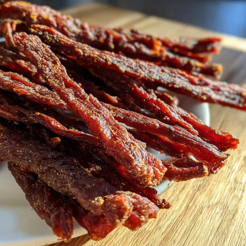 Close-up of finished, dark red DIY dehydrated beef strips for dogs piled on a white surface.