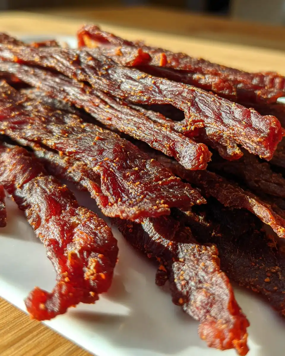 Close-up of finished, dark red DIY dehydrated beef strips for dogs piled on a white plate.