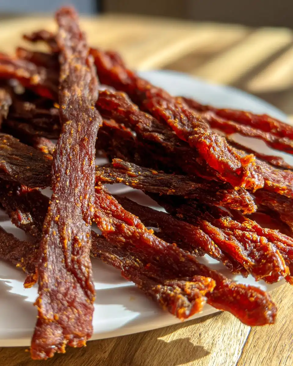Close-up of finished DIY dehydrated beef strips for dogs piled on a white plate, showing rich, dark red color.