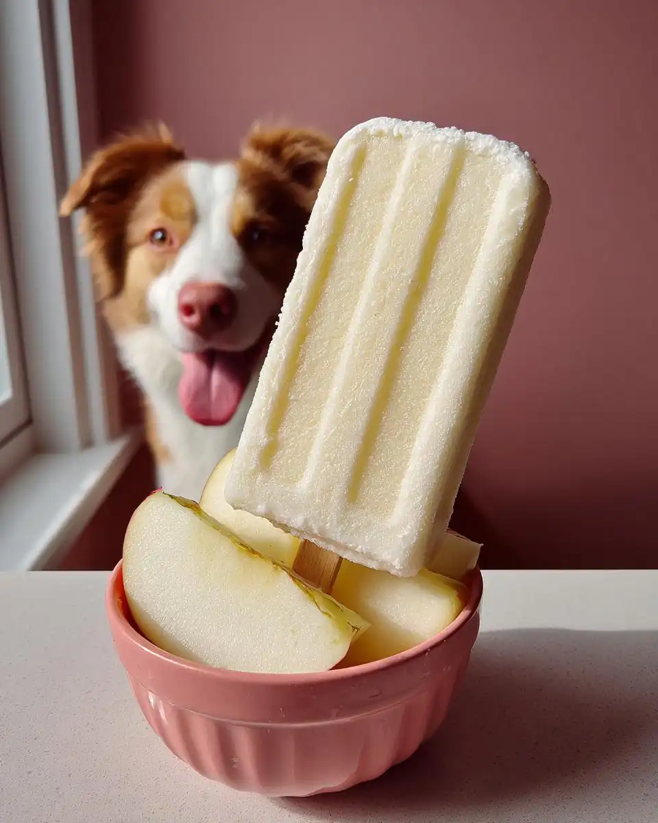 A dog looks excitedly at a frozen popsicle, likely one of the Apple-Based Frozen Dog Desserts, resting on apple slices in a pink bowl.
