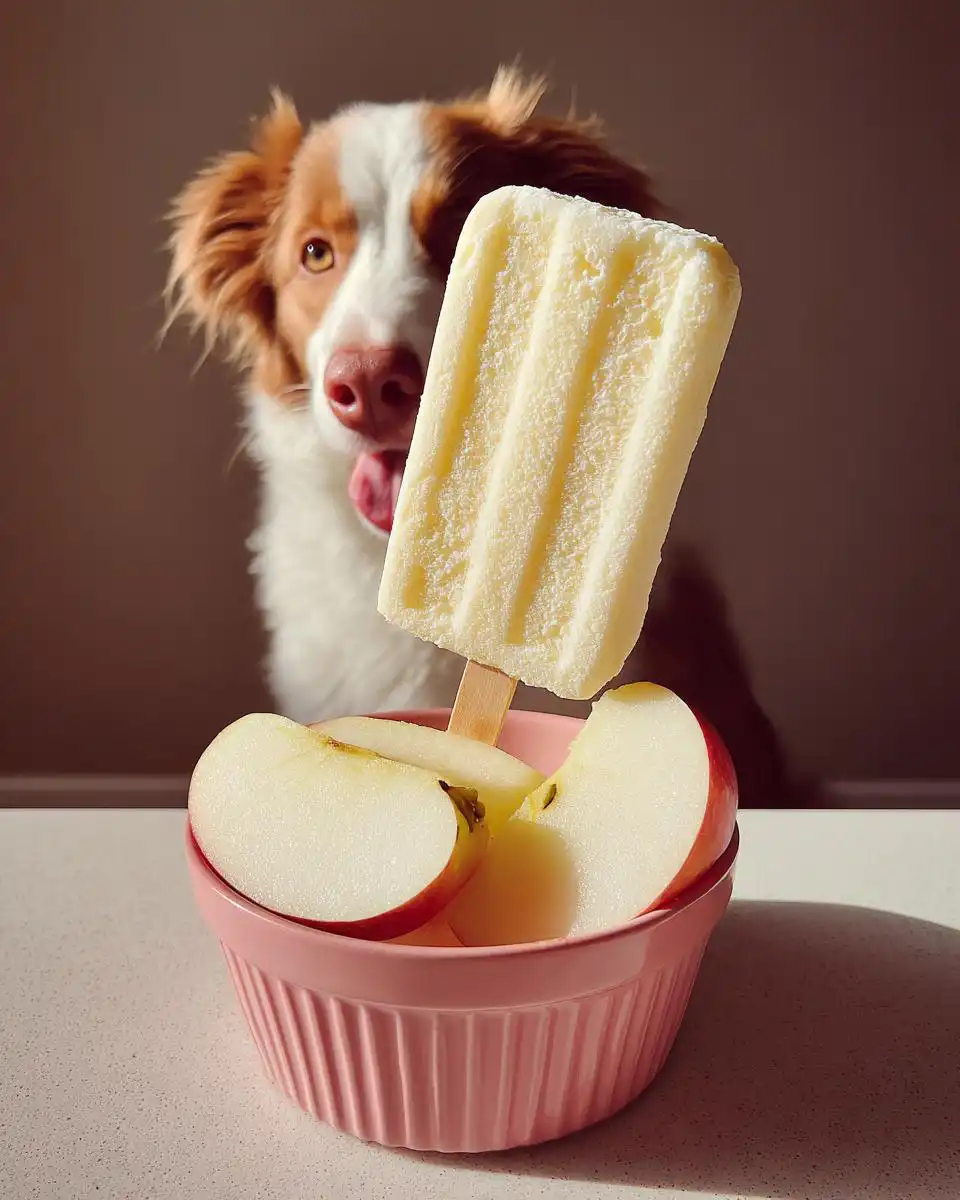 A happy dog looks eagerly at a frozen popsicle, which is presented above a pink bowl of apple slices, representing Apple-Based Frozen Dog Desserts.