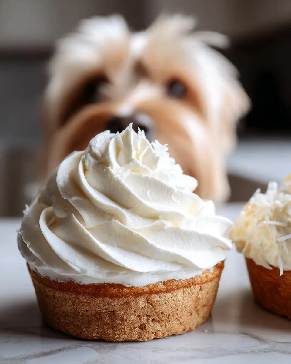 Close-up of a dog cupcake topped with swirled Coconut Yogurt Frosting, with a small dog looking on in the background.