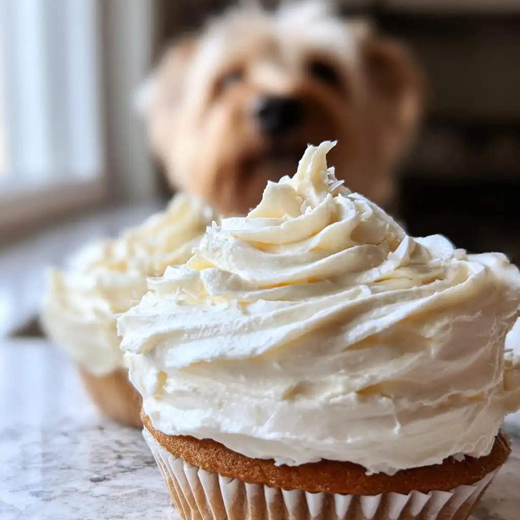 Close-up of a dog cupcake topped high with fluffy Coconut Yogurt Frosting, with a blurry dog in the background.