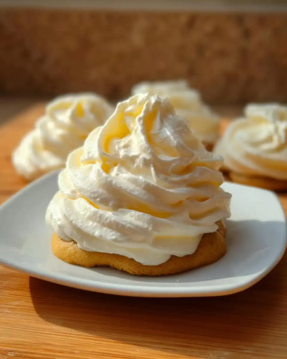 Close-up of a dollop of light yellow, fluffy whipped topping served on a dog biscuit base, part of the 3-Ingredient Dog Frosting Recipe.